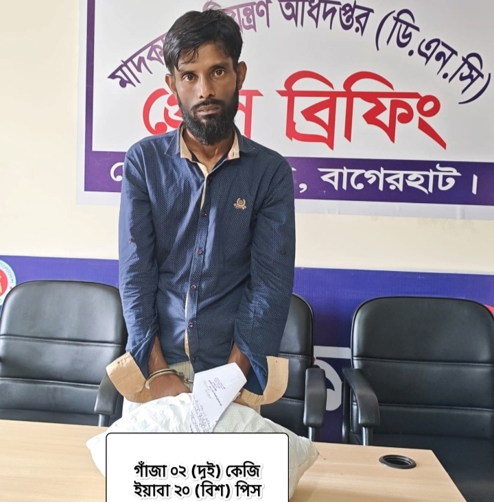 বাগেরহাটে ২ কেজি গাঁজা ও ২০ পিস ইয়াবাসহ মাদক কারবারি আটক