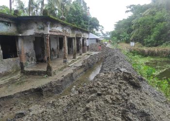 গলাচিপায় ঘেরের পানি সরাতে স্কুলের মাঠ ও রাস্তা কেটে ফেললেন ইউপি সদস্য