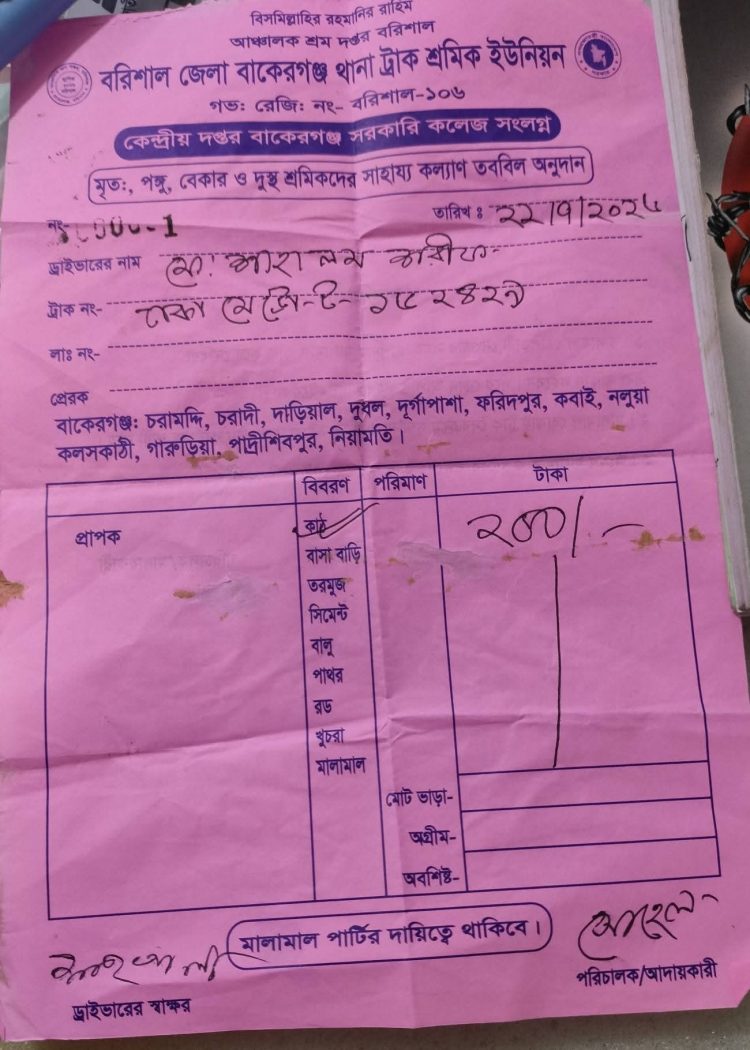 বাকেরগঞ্জে ট্রাক থামিয়ে চাঁদা আদায়ের অভিযোগ, তদন্ত দাবি