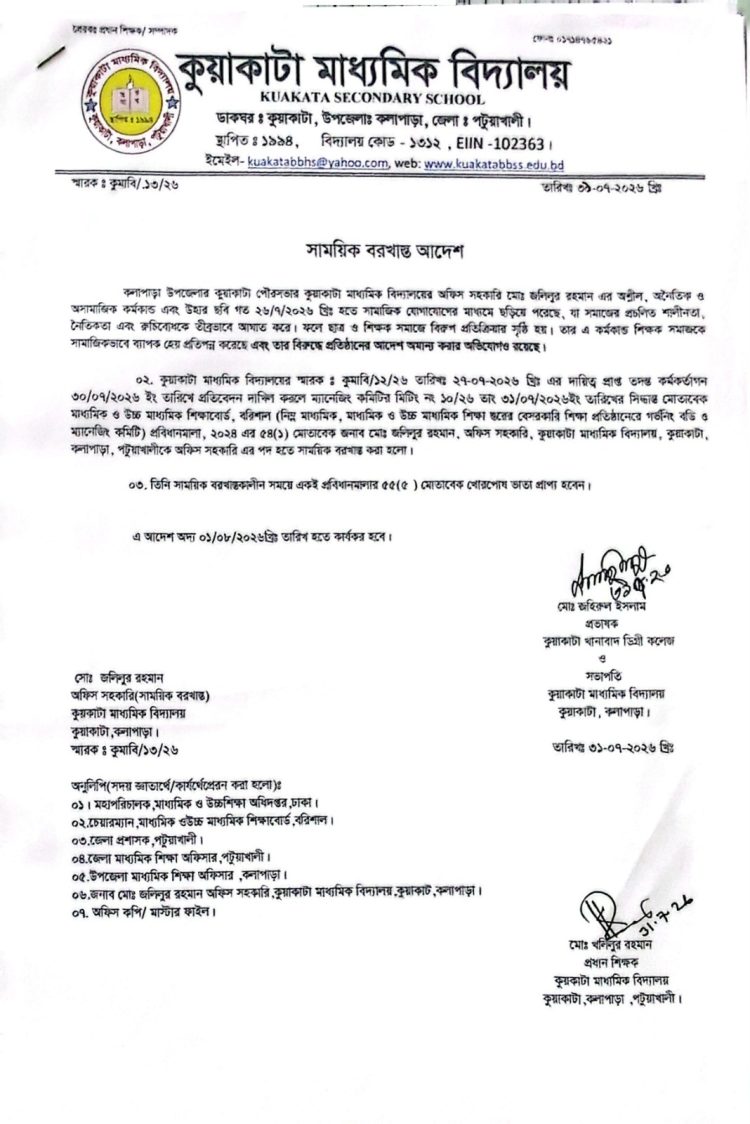 শিক্ষার্থীর সঙ্গে অনৈতিক ভিডিও সামাজিক যোগাযোগ মাধ্যমে ভাইরাল; কুয়াকাটায় বিদ্যালয় কর্মচারী চাকরি থেকে বরখাস্ত