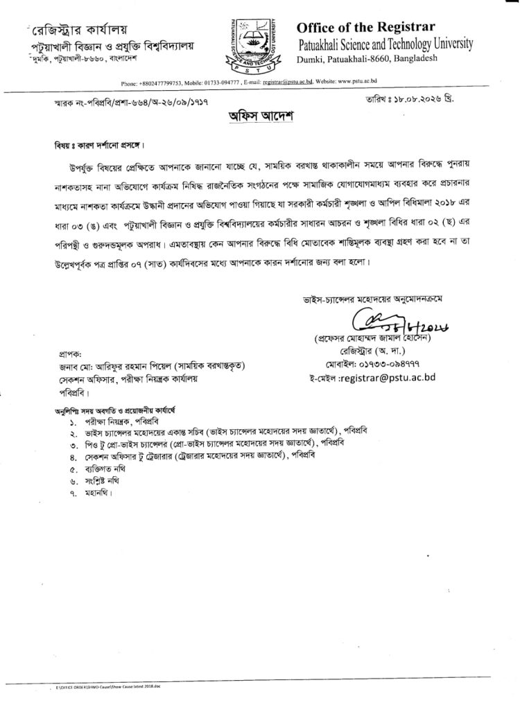 নিষিদ্ধ সংগঠনের পক্ষে প্রচারণার অভিযোগ: পবিপ্রবির ৮ শিক্ষক-কর্মকর্তাকে শোকজ
