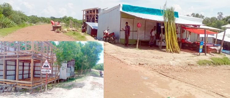 কুয়াকাটা-গঙ্গামতি ধোলাই মার্কেটে বাধাহীনভাবে বেড়িবাঁধের স্লোপে স্থাপনা, কাটা পড়ছে বন বিভাগের সৃজিত গাছপালা