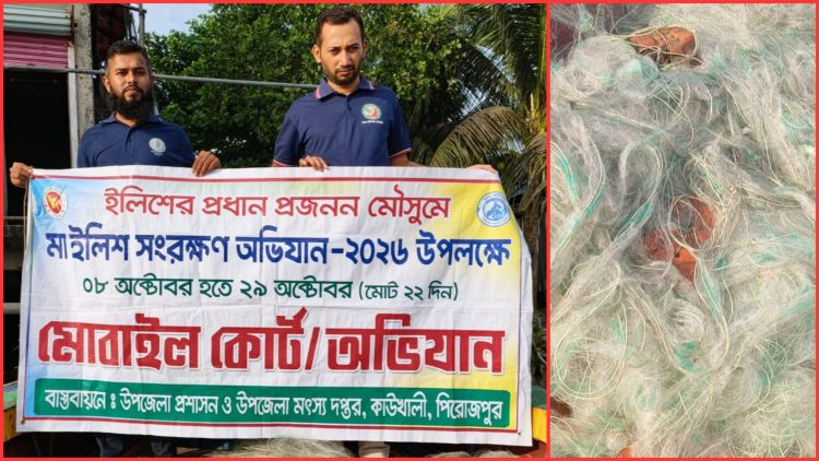 কাউখালীতে সন্ধ্যা নদীতে সাড়ে ৩ হাজার মিটার অবৈধ কারেন্ট জাল জব্দ